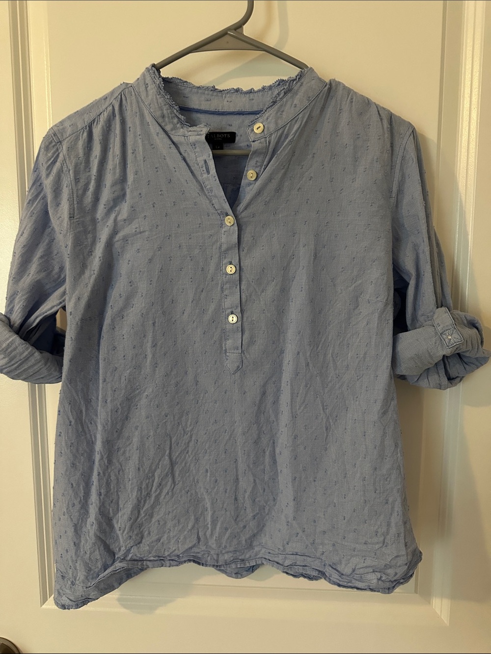 Talbots Light Blue Swiss Dot Henley Top Womens Cotton Roll Tab Sleeve Blouse - Picture 1 of 2